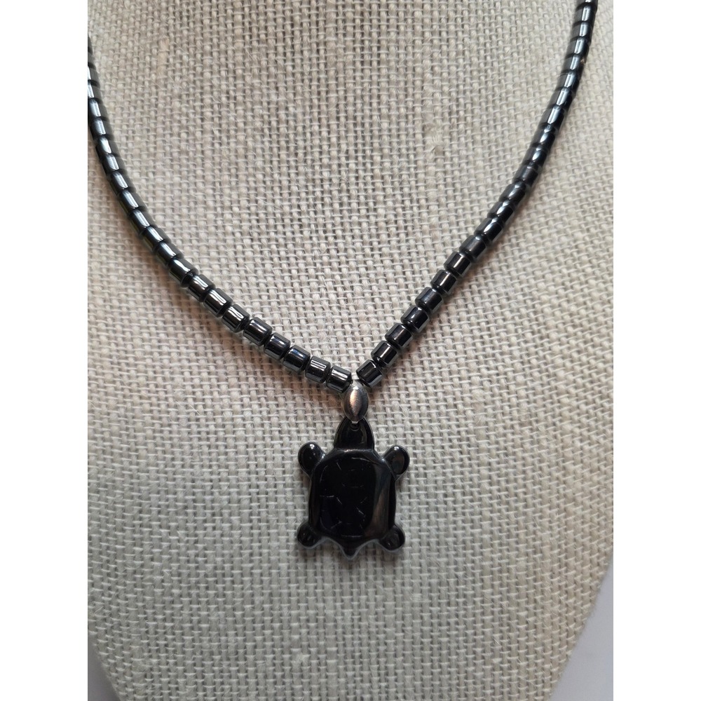 Hematite Beaded Necklace with Black Turtle Pendant Barrel Clasp 17 Inch